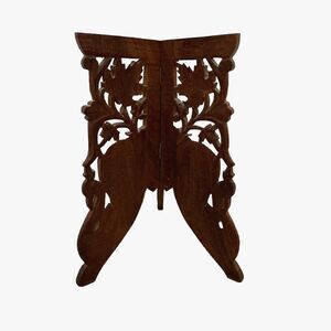 Antique Japanese Setting Stand Brown Tea Sake Tray Hand-Carved‎ Wood Leaves